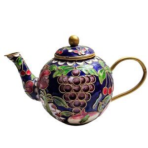 Vintage Cloisonné Teapot With Floral & Fruit Motif Gold Accents Collectible